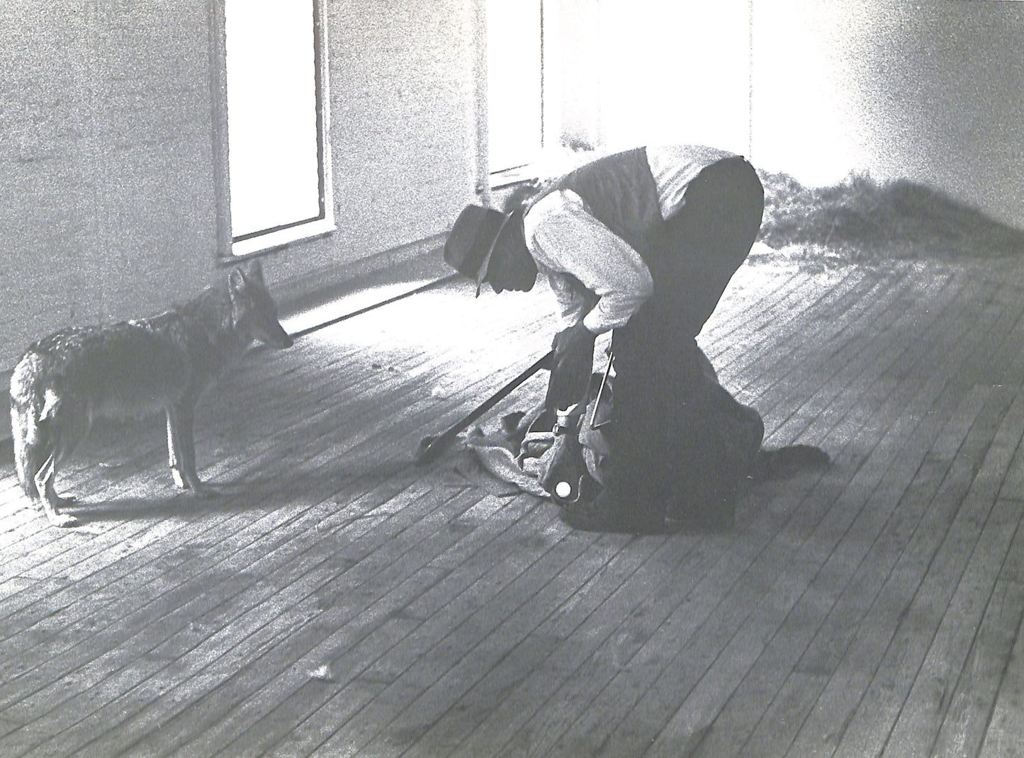 Interior pager - CAROLINE TISDALL / JOSEPH BEUYS: COYOTE. Person using a sander on a wooden floor with a dog standing nearby.