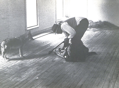 Interior pager - CAROLINE TISDALL / JOSEPH BEUYS: COYOTE. Person using a sander on a wooden floor with a dog standing nearby.